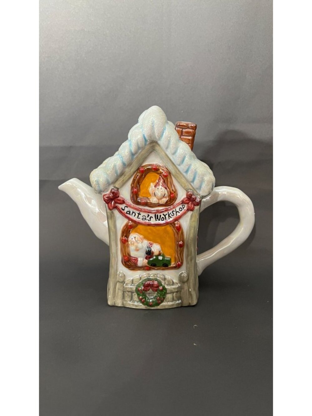 Santas Workshop Ceramic Teapot Holiday Decor Snowy Cottage Design